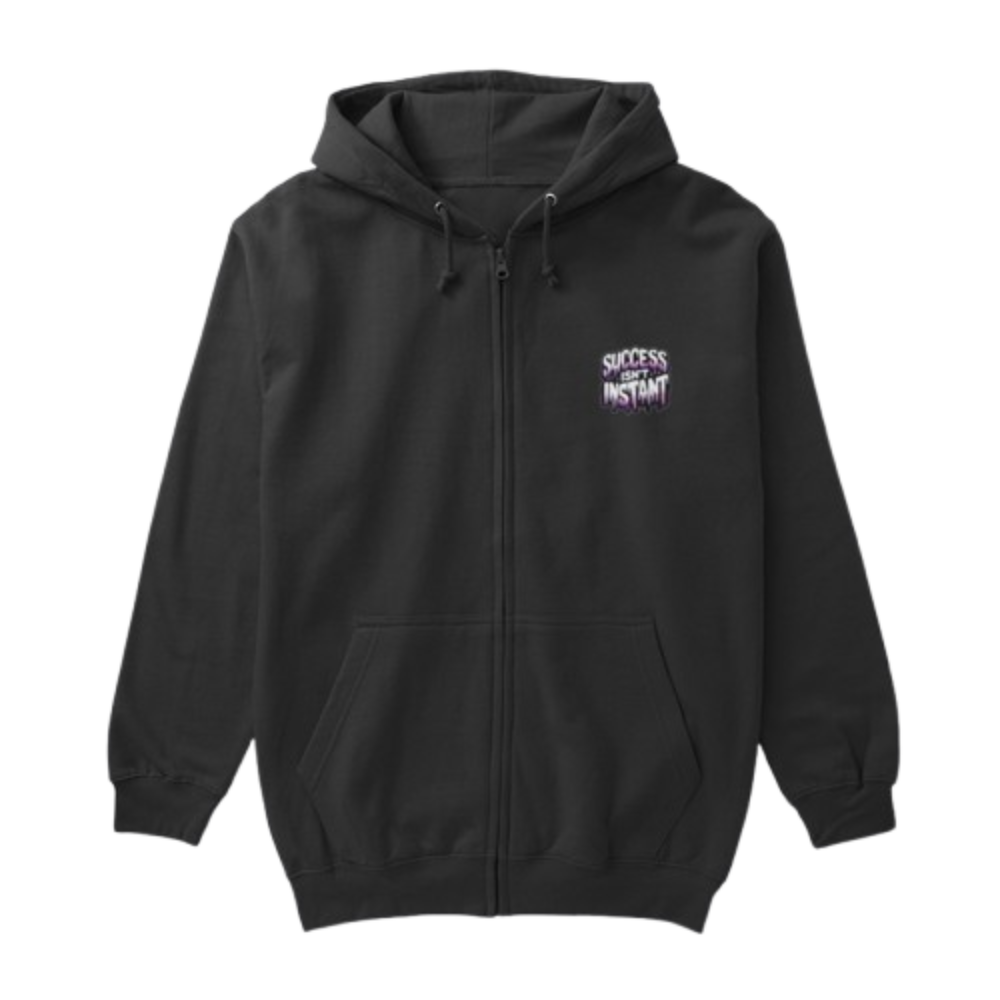 Black zip-up hoodie with Success Instant logo