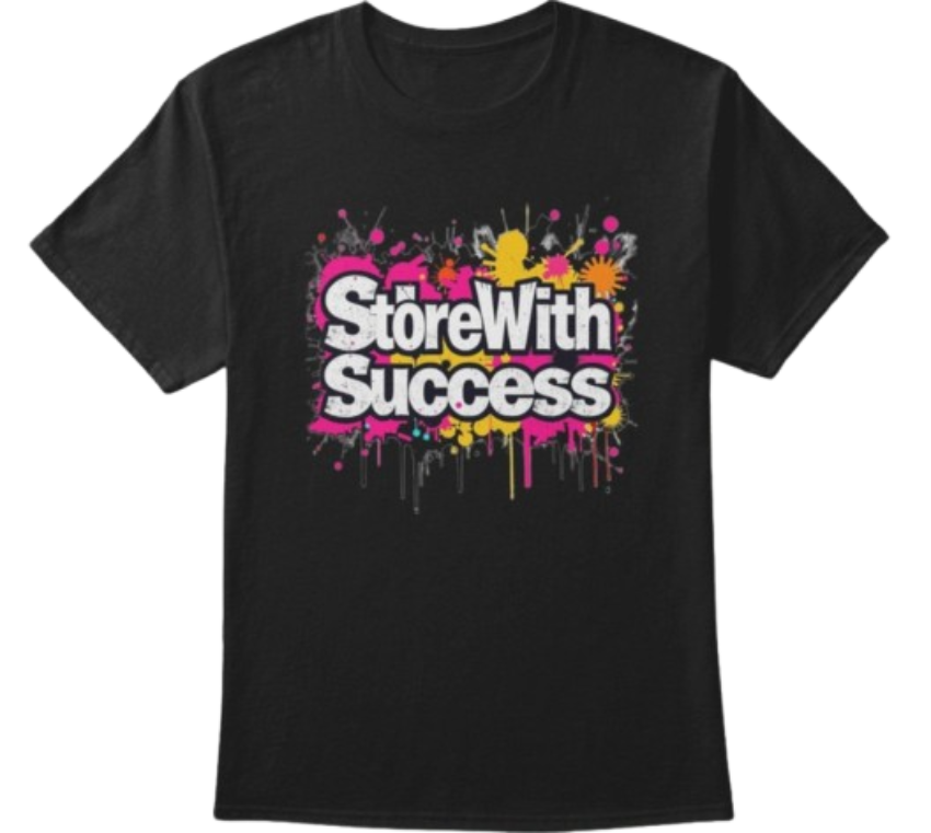 Black t-shirt with colorful StoreWithSuccess logo